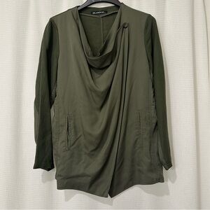 BLANKNYC Olive Green Draped Front Jacket L Waterfall‎ Asymmetrical Hem